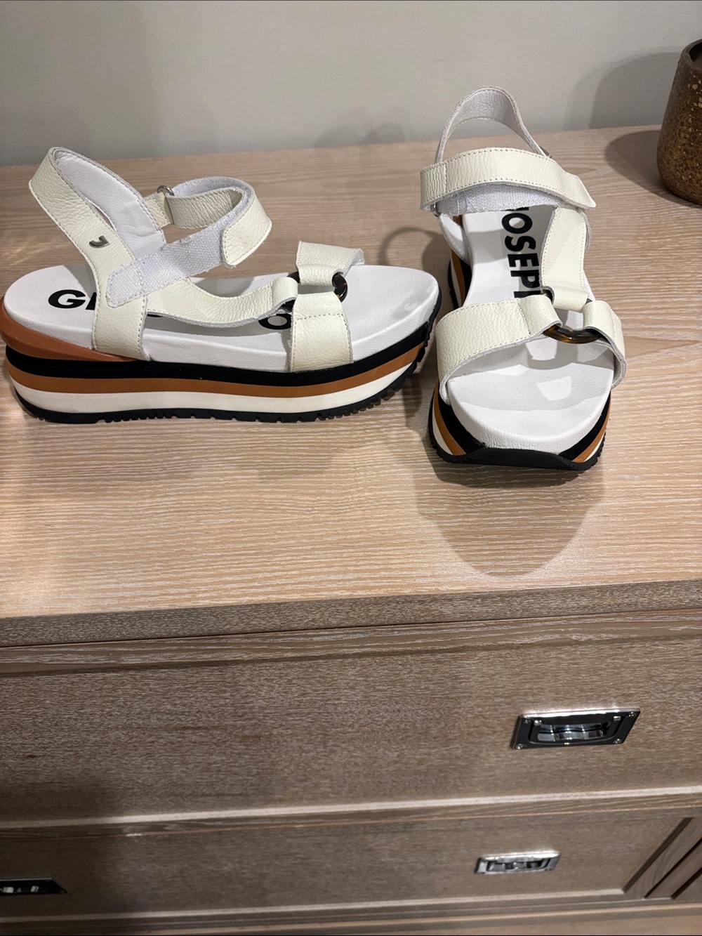 GIOSEPPO White Platform Sport Sandals with Black and Tan Accents